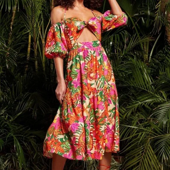 tie neck off shoulder puff sleeve cutout tropical print dress vacay summer cute - Picture 5 of 7